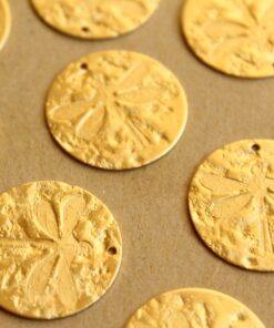 4 pc. Raw Brass Textured Dragonfly Fossil Disc Charms: 22mm in diameter - made in USA | RB-655
