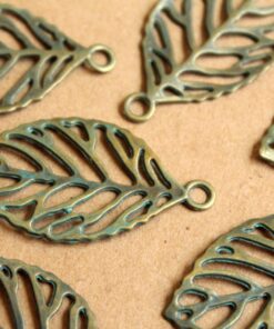 10 pc. Verdigris Antique Bronze Skeleton Leaf Pendant, 49mm by 27mm | MIS-081