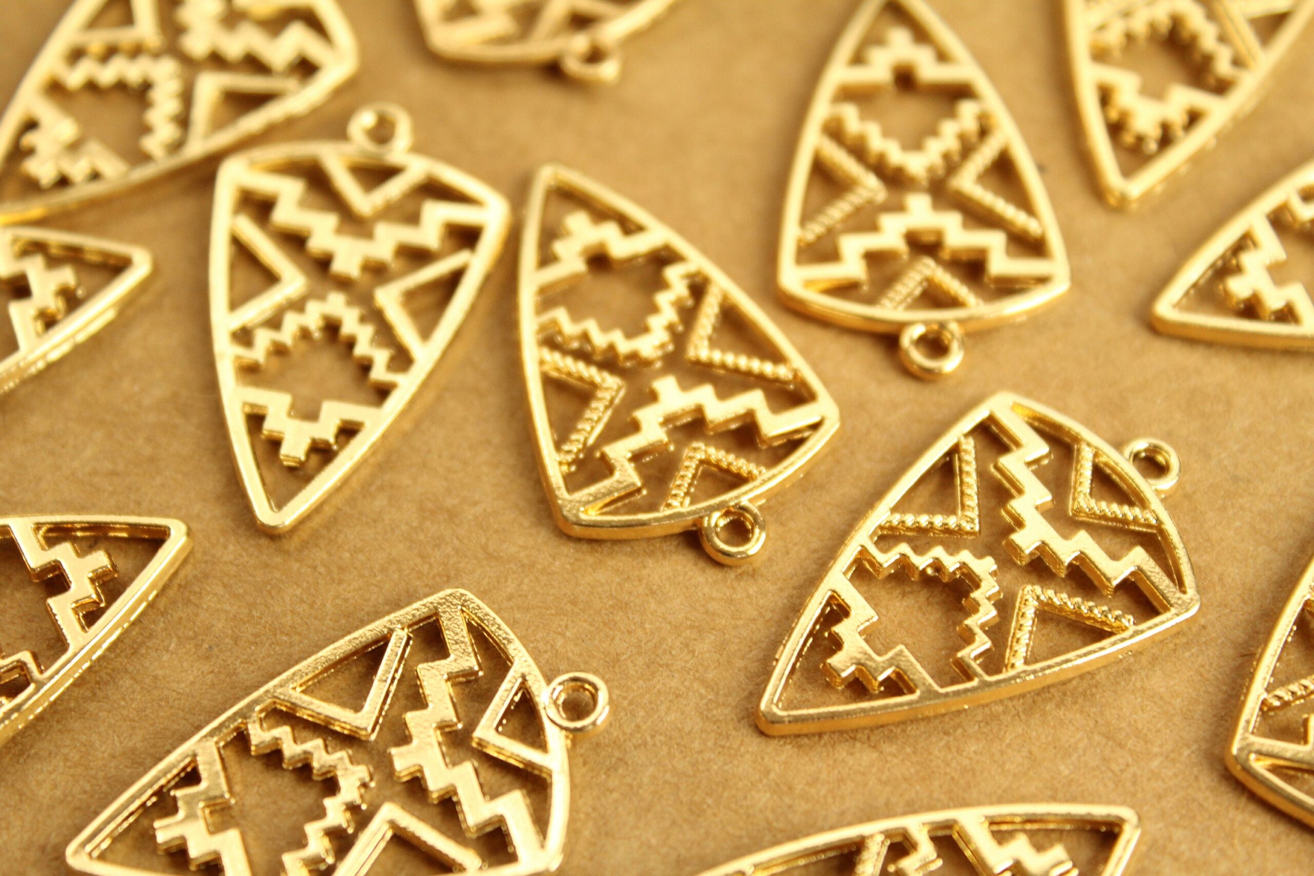 8 pc. Gold Plated Tribal Triangle Charms, 30mm x 18mm | MIS-020*