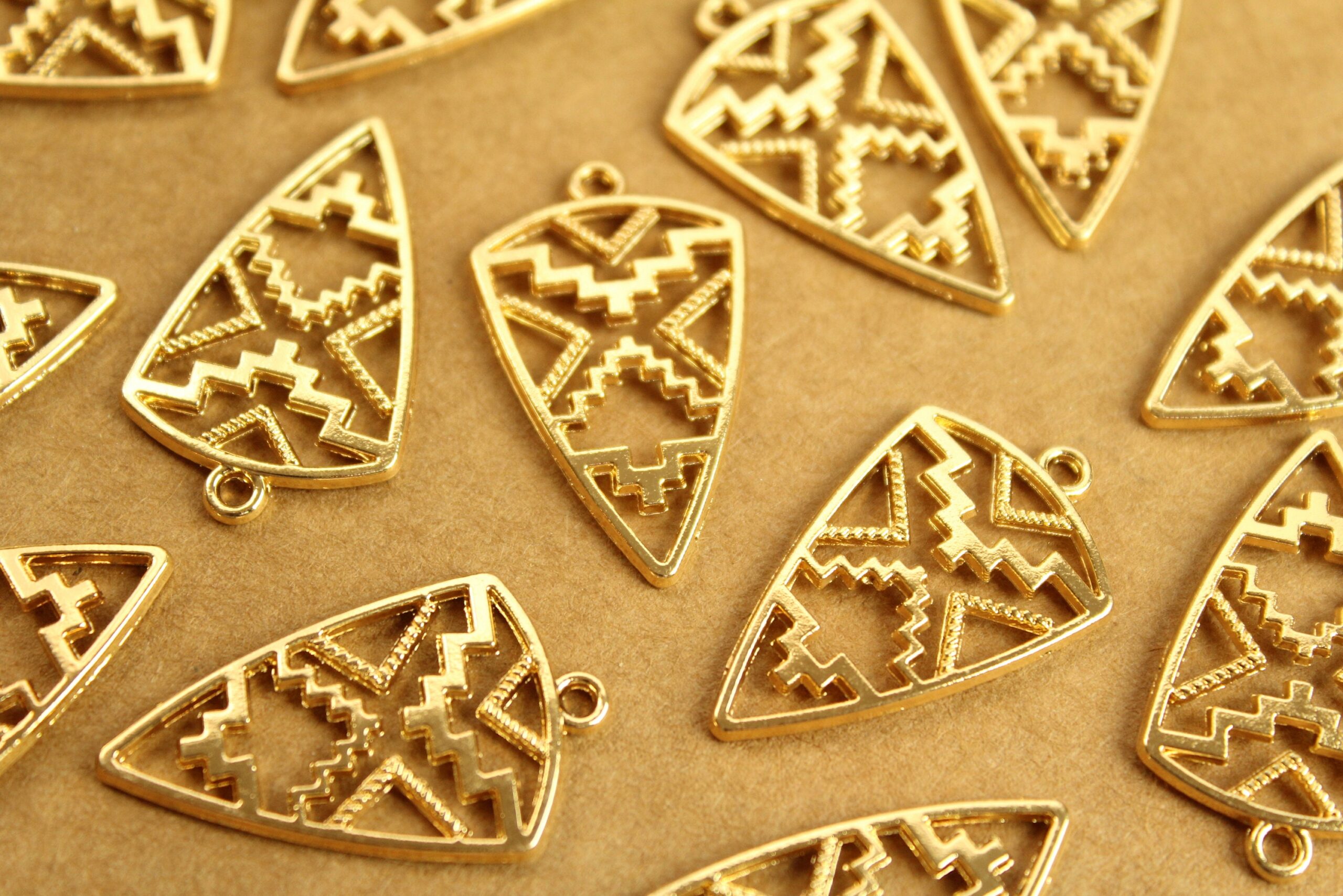 8 pc. Gold Plated Tribal Triangle Charms, 30mm x 18mm | MIS-020*