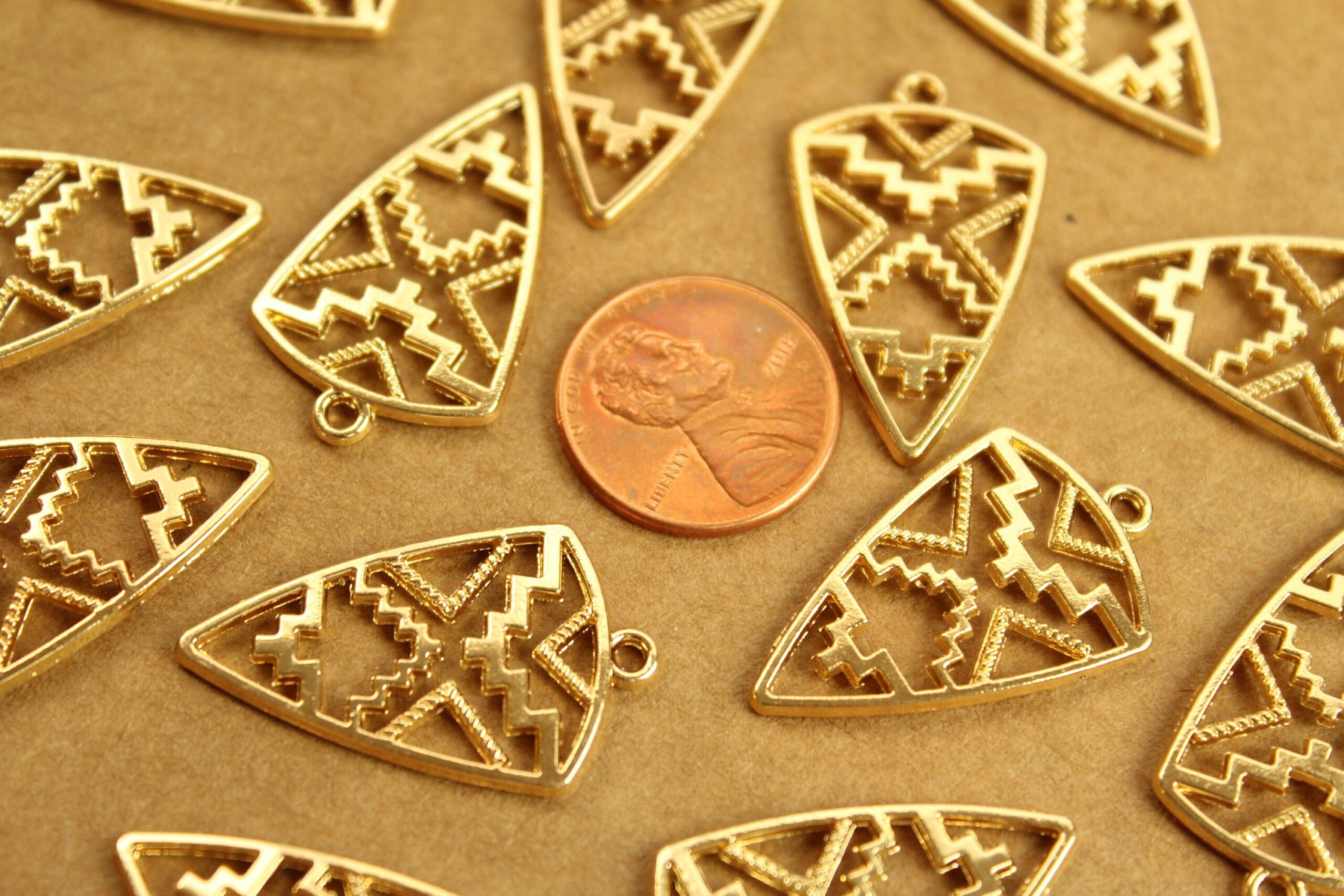 8 pc. Gold Plated Tribal Triangle Charms, 30mm x 18mm | MIS-020*