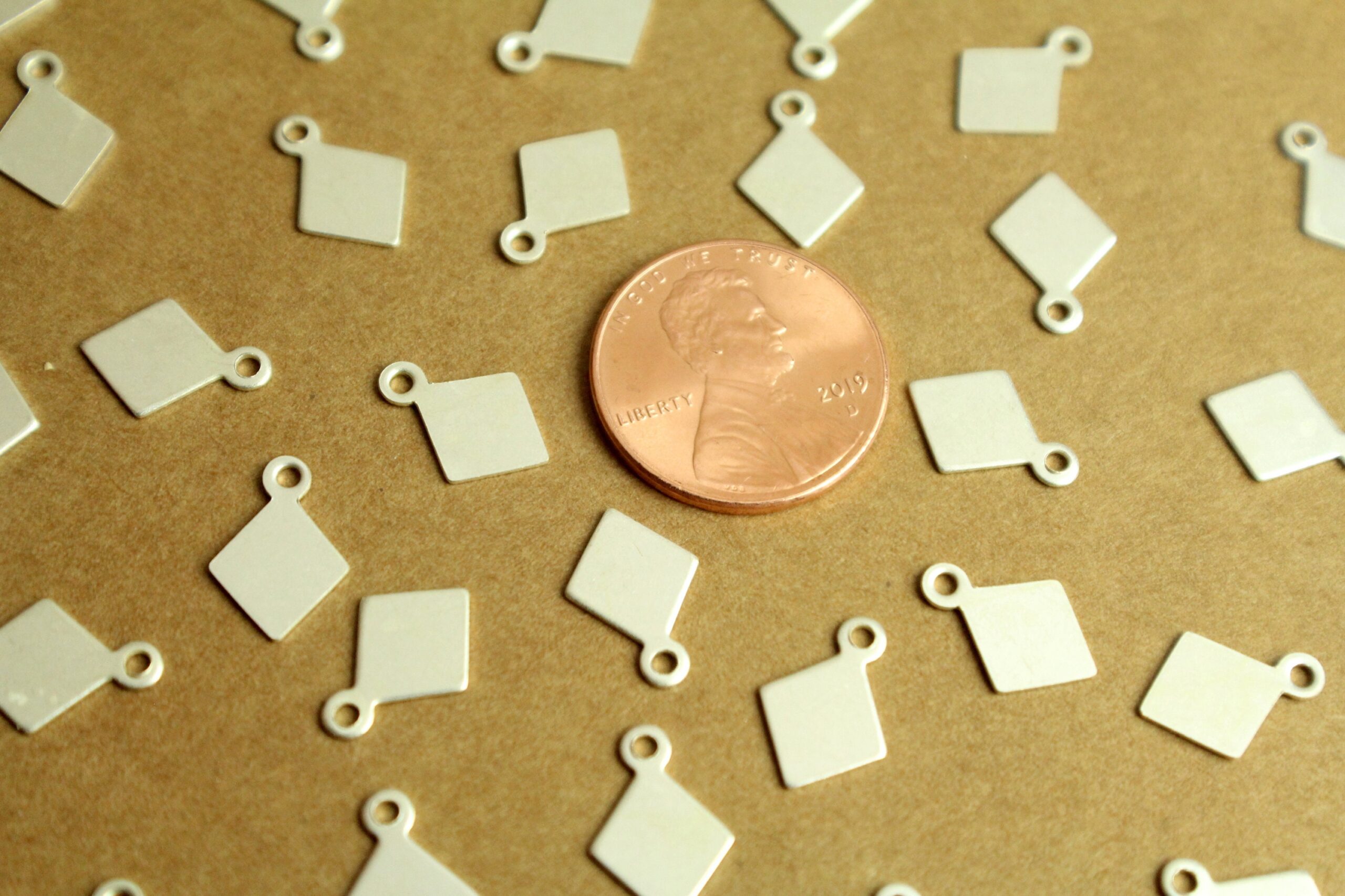12 pc. Small Silver Plated Brass Diamond Tags: 13mm by 9mm - made in USA | SI-345