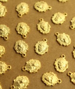 6 pc. Small Gold Plated Brass Lion Head Charms: 8mm by 10mm - made in USA | GLD-135