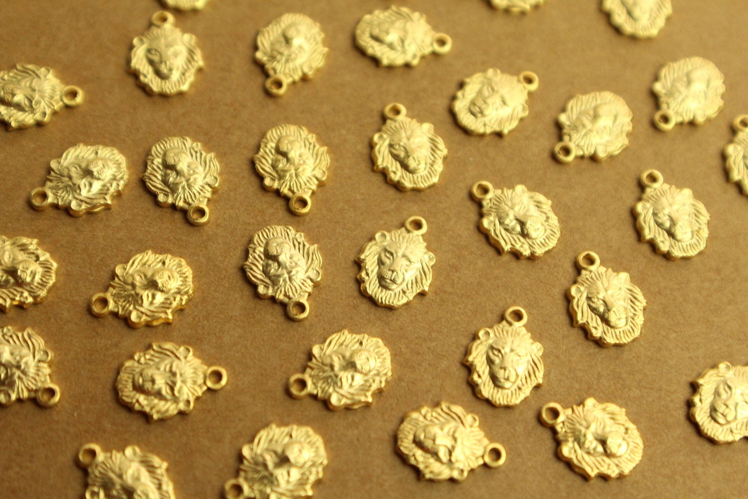 6 pc. Small Gold Plated Brass Lion Head Charms: 8mm by 10mm - made in USA | GLD-135