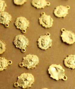 6 pc. Small Gold Plated Brass Lion Head Charms: 8mm by 10mm - made in USA | GLD-135