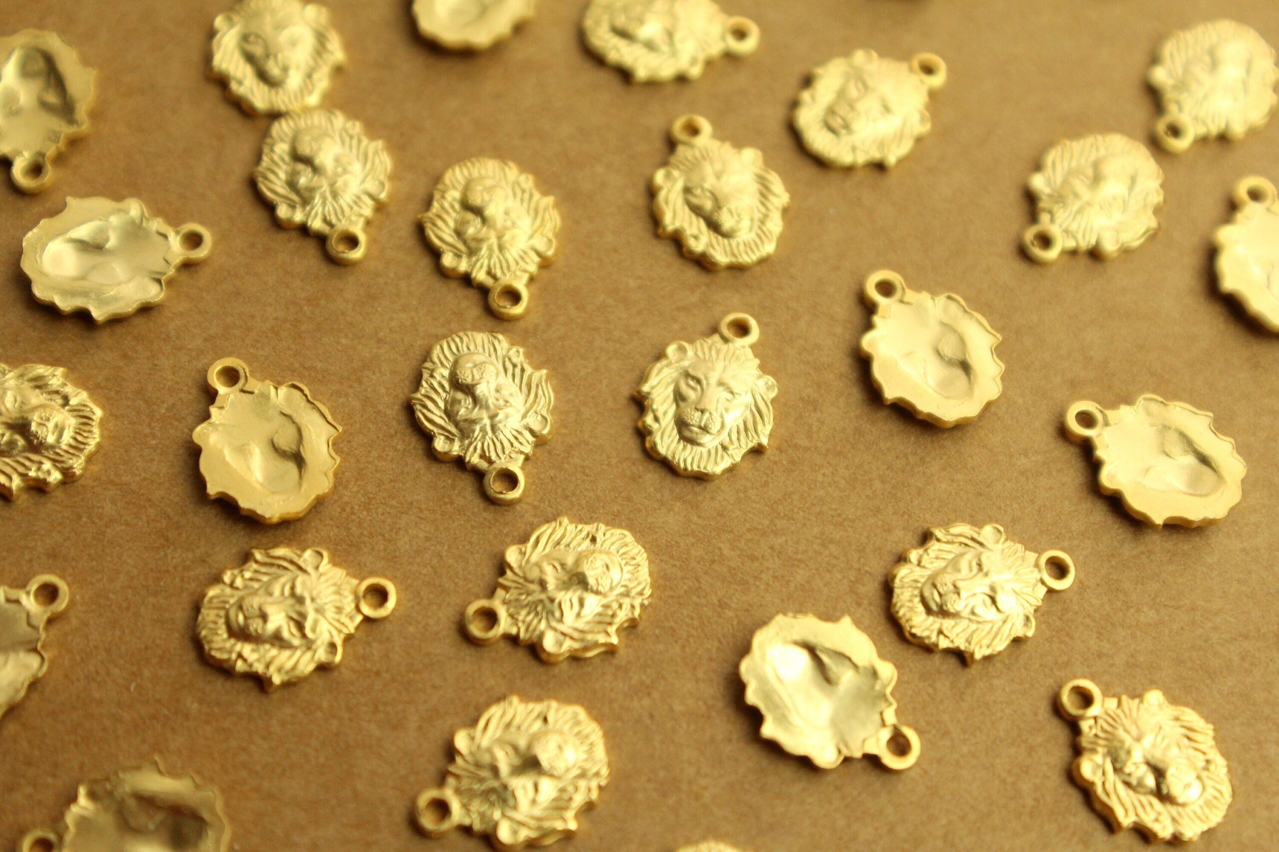 6 pc. Small Gold Plated Brass Lion Head Charms: 8mm by 10mm - made in USA | GLD-135