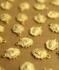 6 pc. Small Gold Plated Brass Lion Head Charms: 8mm by 10mm - made in USA | GLD-135