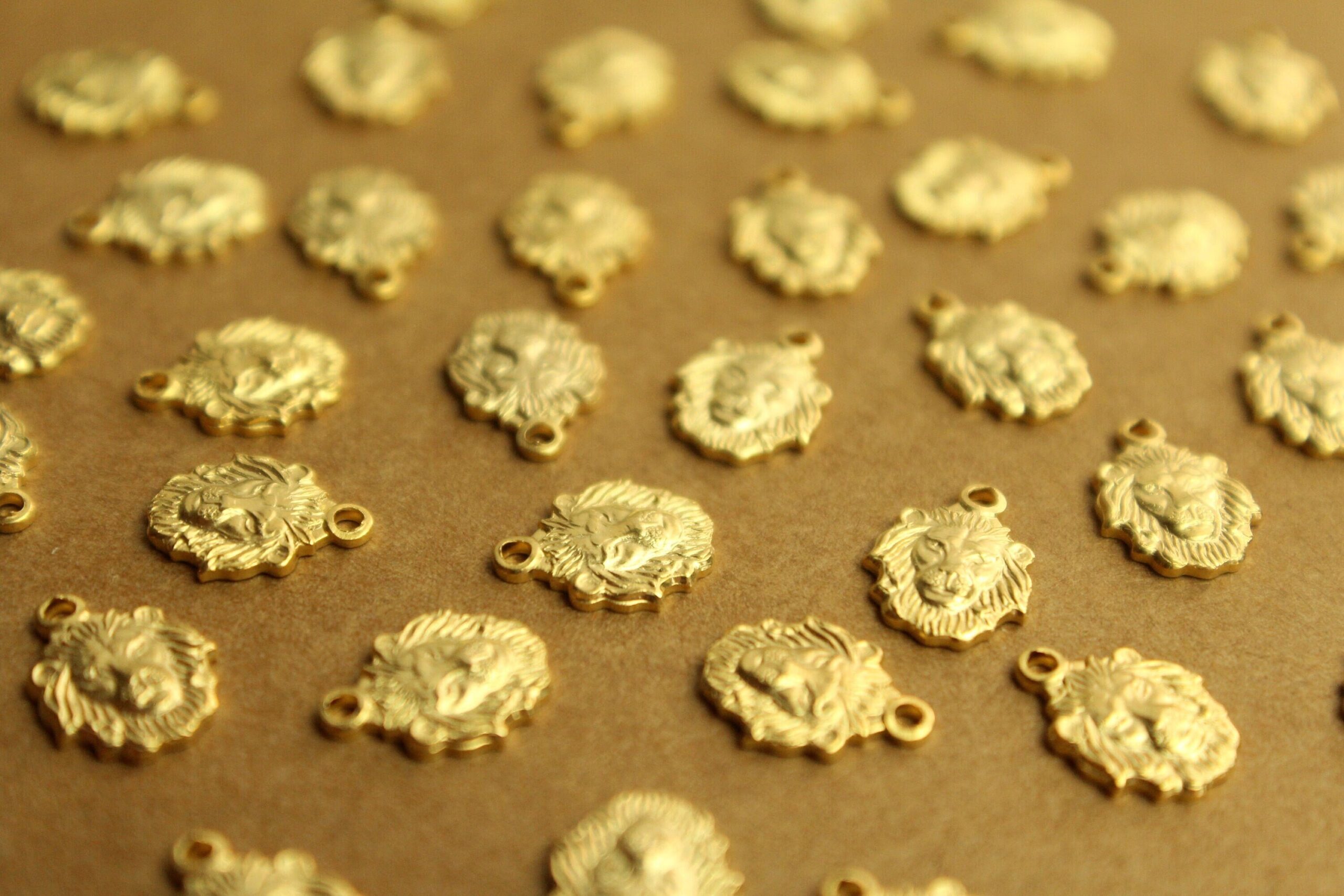 6 pc. Small Gold Plated Brass Lion Head Charms: 8mm by 10mm - made in USA | GLD-135