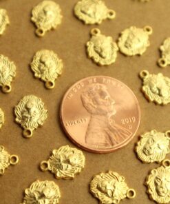 6 pc. Small Gold Plated Brass Lion Head Charms: 8mm by 10mm - made in USA | GLD-135