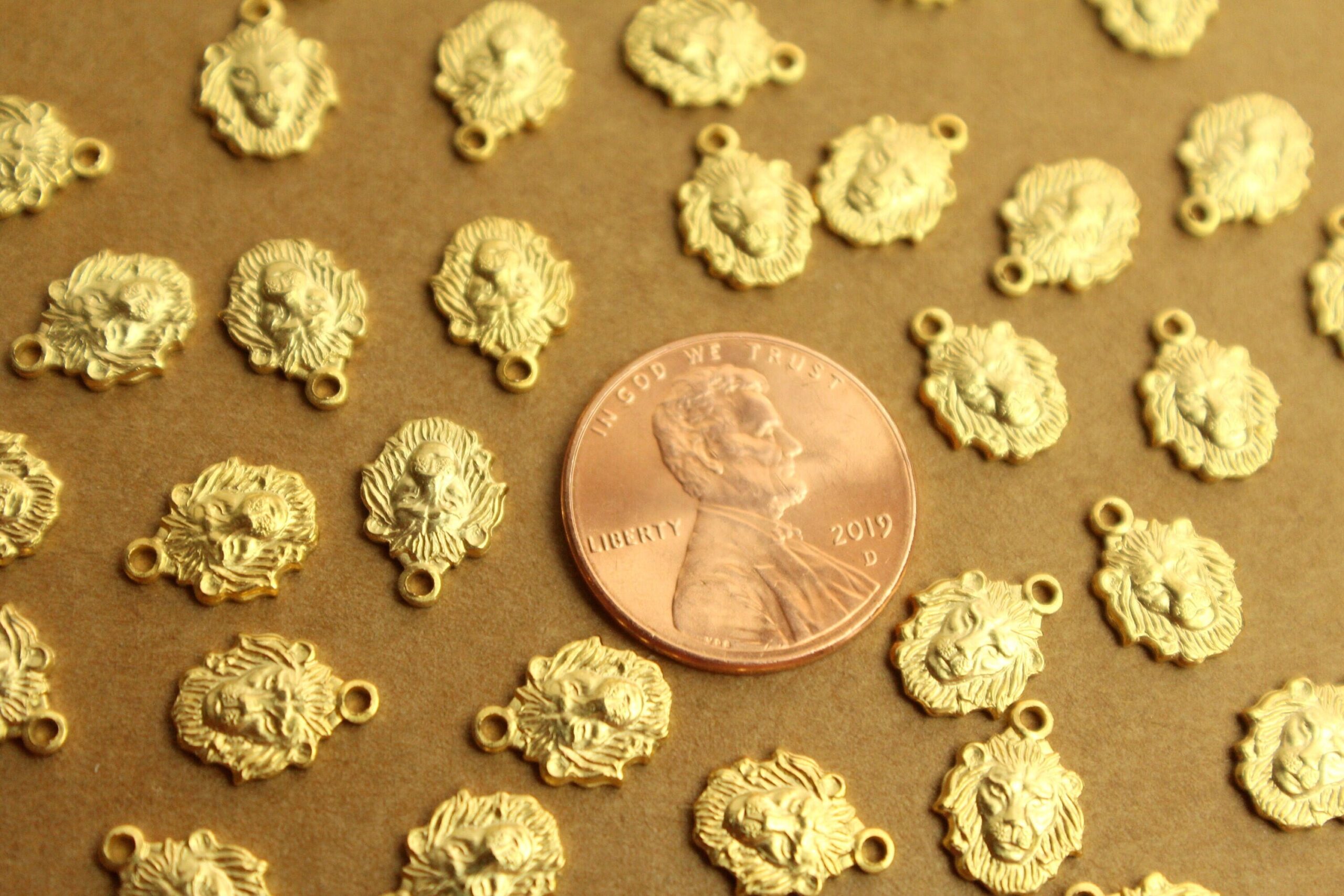 6 pc. Small Gold Plated Brass Lion Head Charms: 8mm by 10mm - made in USA | GLD-135