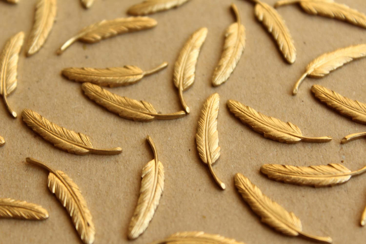 4 pc. Raw Brass Detailed Feathers: 23mm by 5mm - made in USA | RB-656