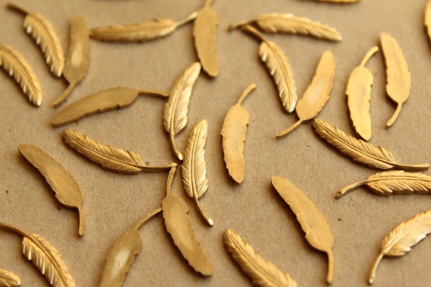4 pc. Raw Brass Detailed Feathers: 23mm by 5mm - made in USA | RB-656