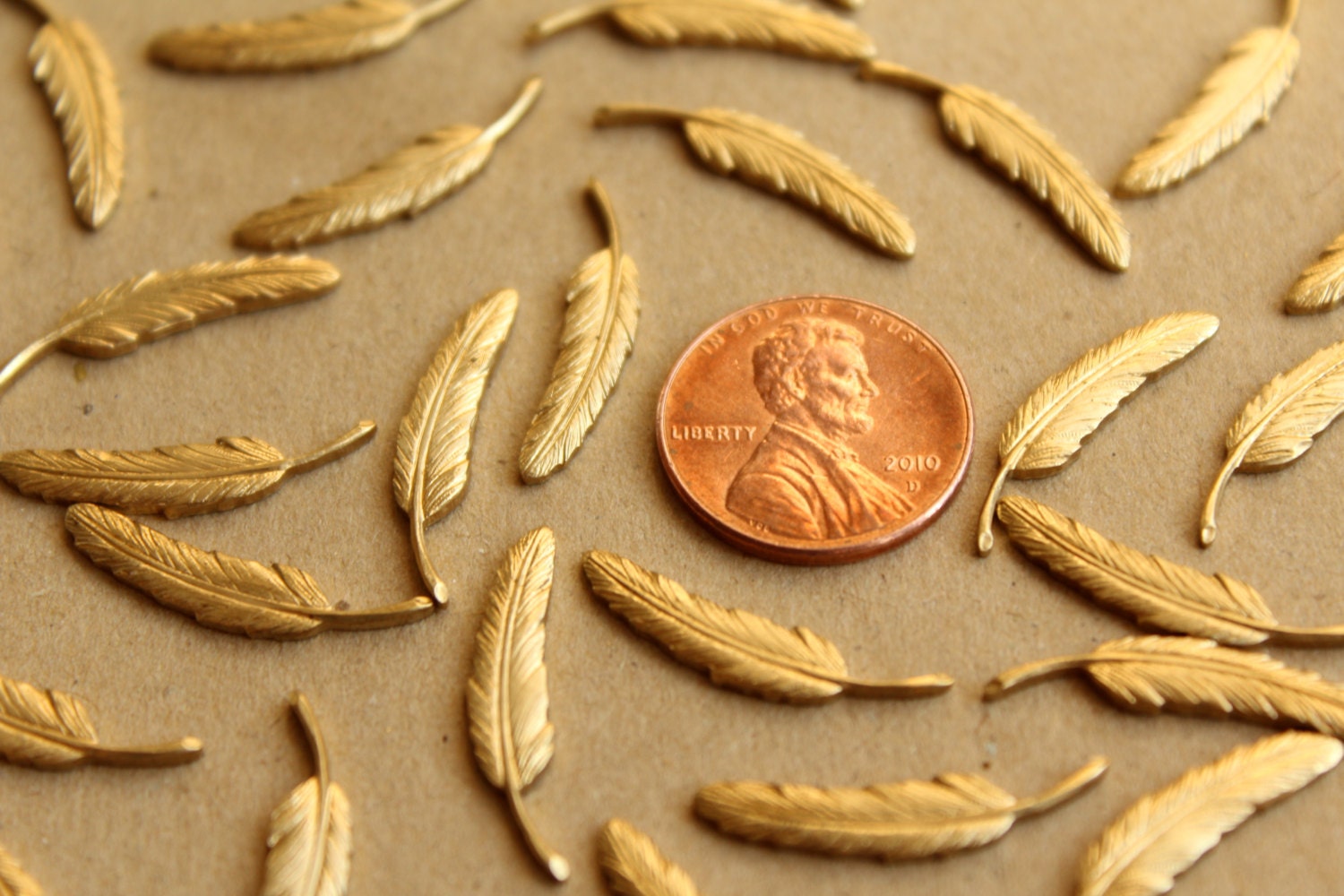 4 pc. Raw Brass Detailed Feathers: 23mm by 5mm - made in USA | RB-656