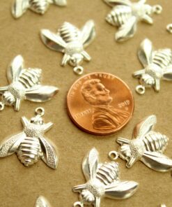 5 pc. Large Silver Plated Brass Bee Charms: 17mm by 17.5mm - made in USA | SI-401