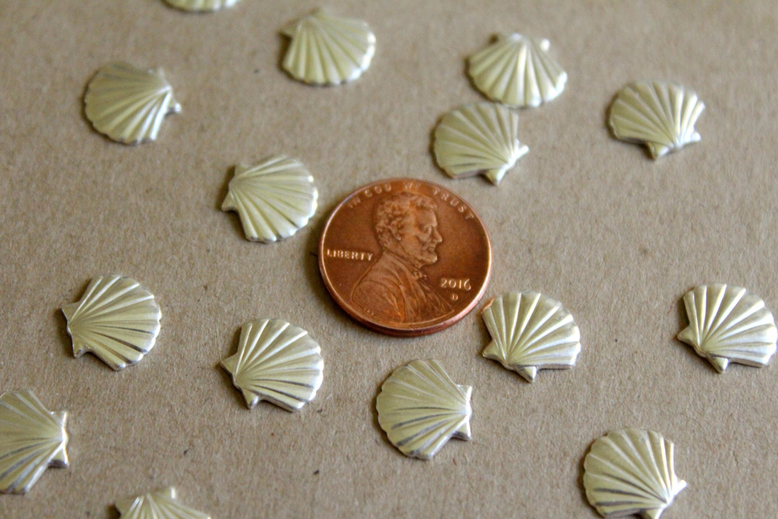 12 pc. Small Silver Plated Brass Seashells Shells: 10mm by 11.5mm - made in USA | SI-038