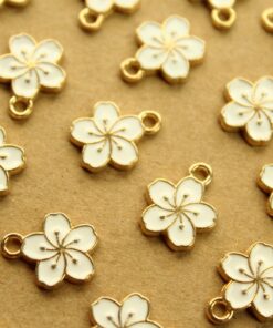 6 pc. White and Gold Enameled Hibiscus Flower Charms, 14.5mm x 12mm | MIS-140*