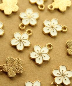 6 pc. White and Gold Enameled Hibiscus Flower Charms, 14.5mm x 12mm | MIS-140*