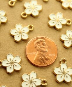 6 pc. White and Gold Enameled Hibiscus Flower Charms, 14.5mm x 12mm | MIS-140*