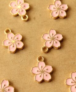 6 pc. Pink and Gold Enameled Hibiscus Flower Charms, 14.5mm x 12mm | MIS-460