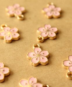 6 pc. Pink and Gold Enameled Hibiscus Flower Charms, 14.5mm x 12mm | MIS-460