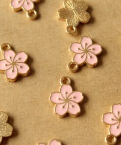 6 pc. Pink and Gold Enameled Hibiscus Flower Charms, 14.5mm x 12mm | MIS-460