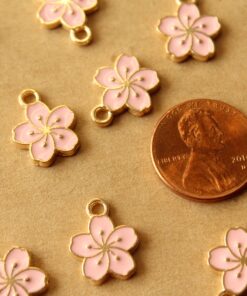 6 pc. Pink and Gold Enameled Hibiscus Flower Charms, 14.5mm x 12mm | MIS-460