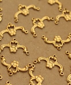 3 pc. Raw Brass Flower and Scroll Three-hole Connectors: 19mm by 9.5mm - made in USA | RB-849