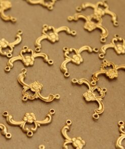 3 pc. Raw Brass Flower and Scroll Three-hole Connectors: 19mm by 9.5mm - made in USA | RB-849