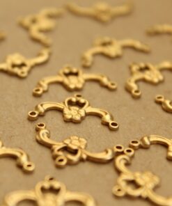 3 pc. Raw Brass Flower and Scroll Three-hole Connectors: 19mm by 9.5mm - made in USA | RB-849