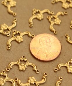 3 pc. Raw Brass Flower and Scroll Three-hole Connectors: 19mm by 9.5mm - made in USA | RB-849