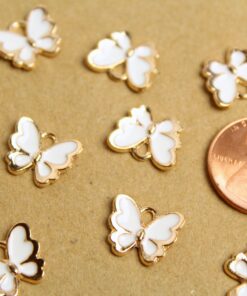 10 pc. White and Gold Enameled Butterfly Charms, 12.5mm x 10.5mm | MIS-287*