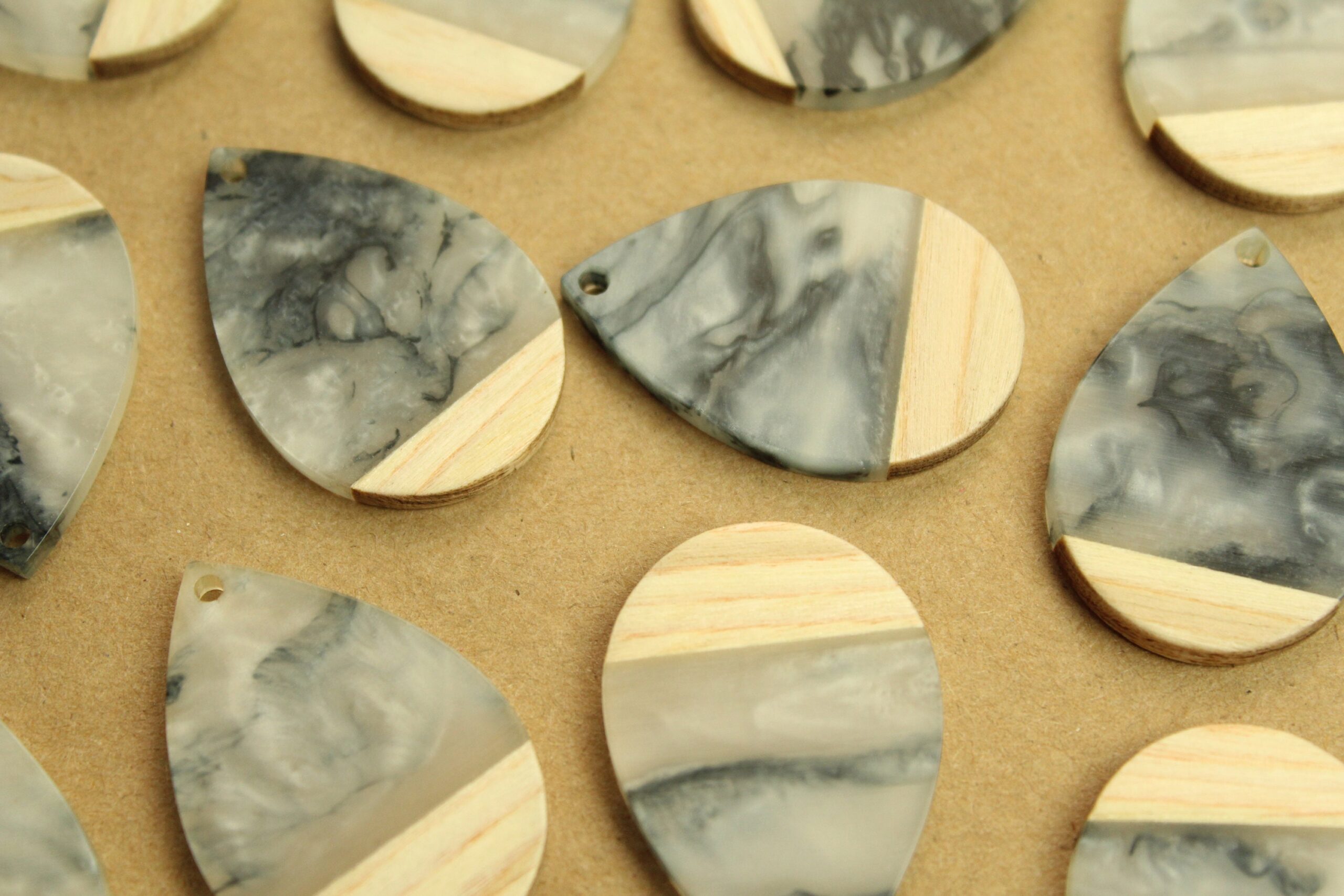 2 pc. Swirled Grey Resin and Wood Teardrop Pendants, 36.5mm by 24.5mm | MIS-216*