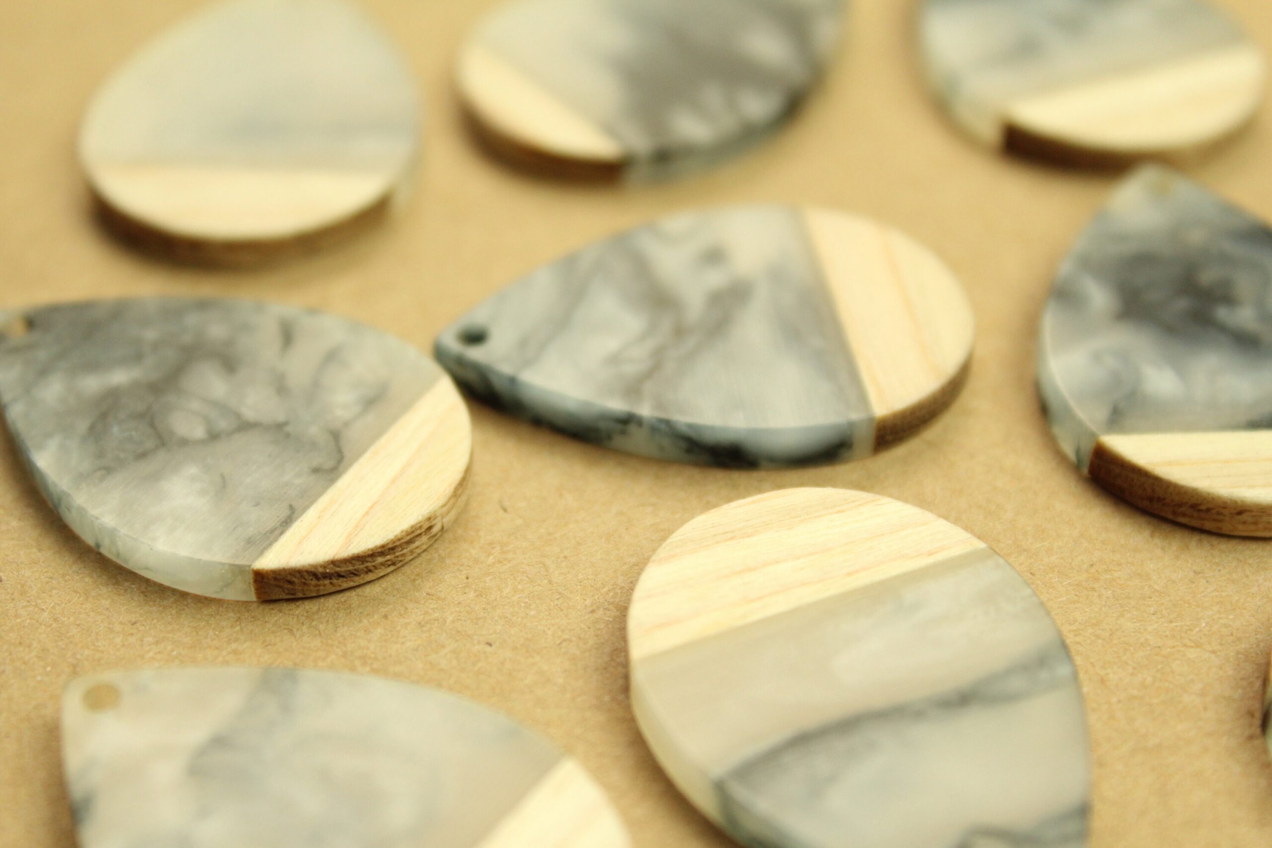 2 pc. Swirled Grey Resin and Wood Teardrop Pendants, 36.5mm by 24.5mm | MIS-216*