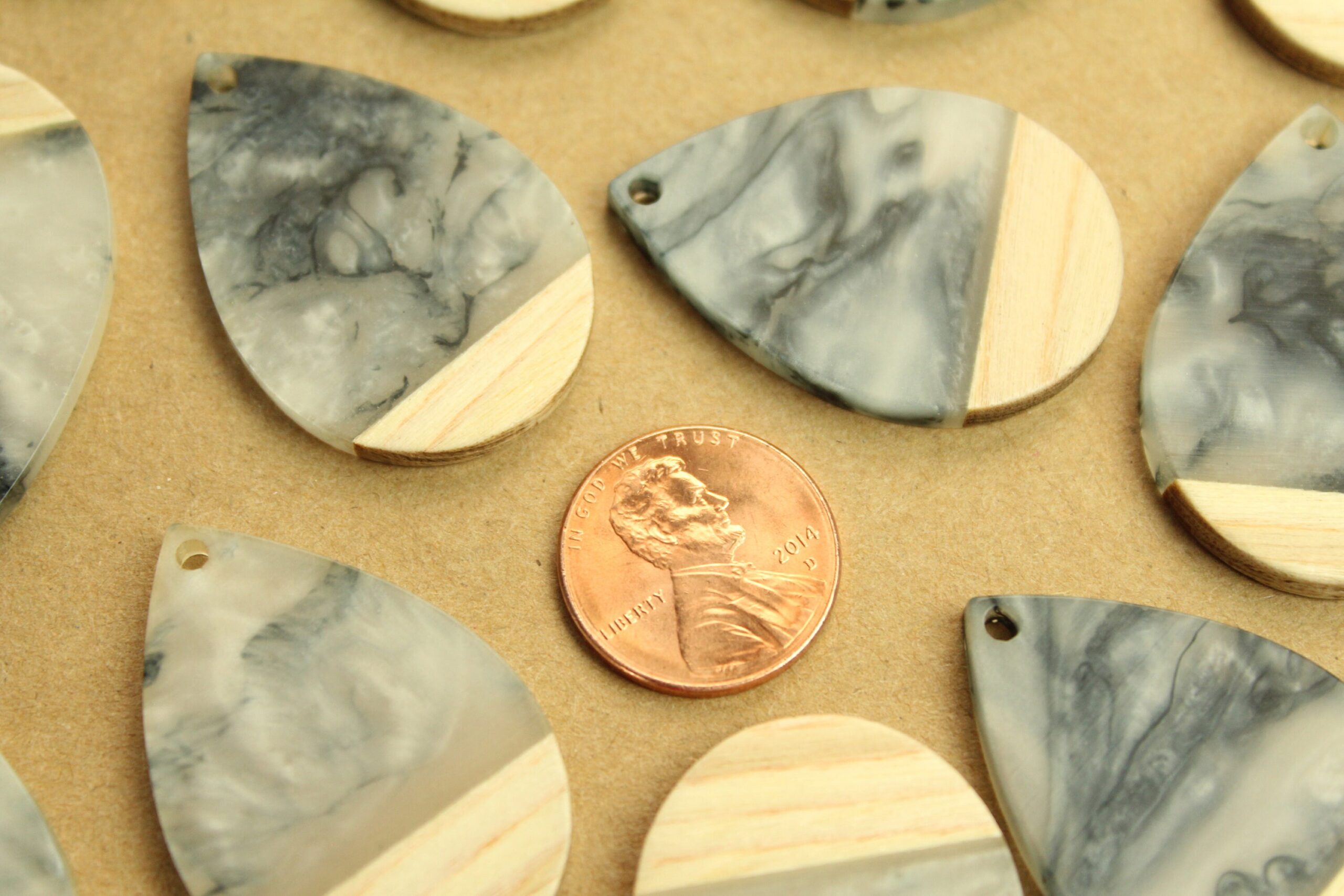 2 pc. Swirled Grey Resin and Wood Teardrop Pendants, 36.5mm by 24.5mm | MIS-216*