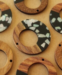 2 pc. Black with Shell Chips Resin and Wood Open Circle Pendants, 38mm diameter | MIS-424