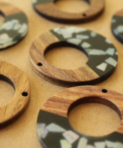 2 pc. Black with Shell Chips Resin and Wood Open Circle Pendants, 38mm diameter | MIS-424