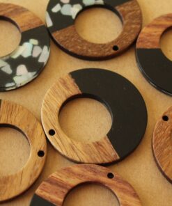 2 pc. Black with Shell Chips Resin and Wood Open Circle Pendants, 38mm diameter | MIS-424