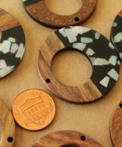 2 pc. Black with Shell Chips Resin and Wood Open Circle Pendants, 38mm diameter | MIS-424