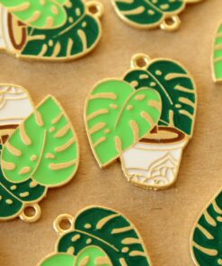 6 pc. Enameled Potted Monstera Charms: 29.5mm by 23mm | MIS-412
