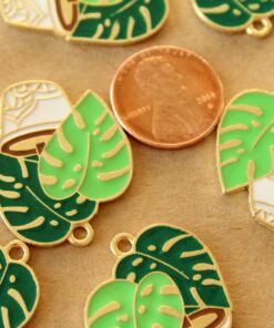 6 pc. Enameled Potted Monstera Charms: 29.5mm by 23mm | MIS-412