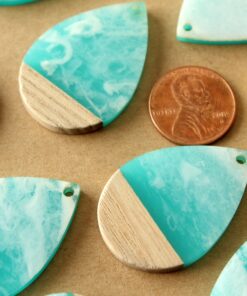 2 pc. Swirled Aqua Resin and Wood Teardrop Pendants, 36.5mm by 24.5mm | MIS-279*