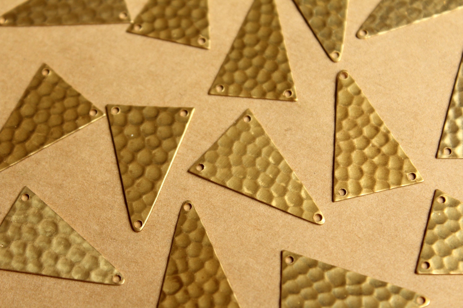 8 pc. Raw Brass Hammered Triangle Three Hole Connectors - Top & Bottom Holes : 18.5mm by 27.5mm - made in USA | RB-788