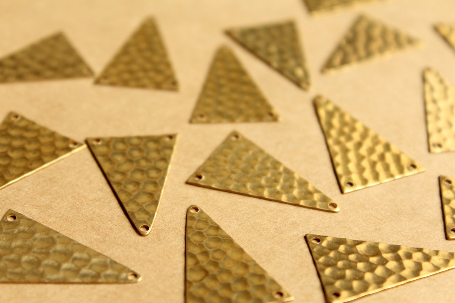 8 pc. Raw Brass Hammered Triangle Three Hole Connectors - Top & Bottom Holes : 18.5mm by 27.5mm - made in USA | RB-788