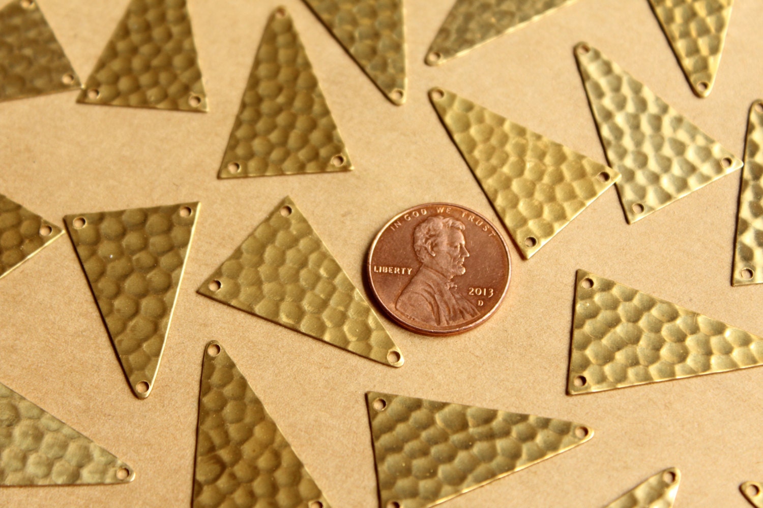 8 pc. Raw Brass Hammered Triangle Three Hole Connectors - Top & Bottom Holes : 18.5mm by 27.5mm - made in USA | RB-788
