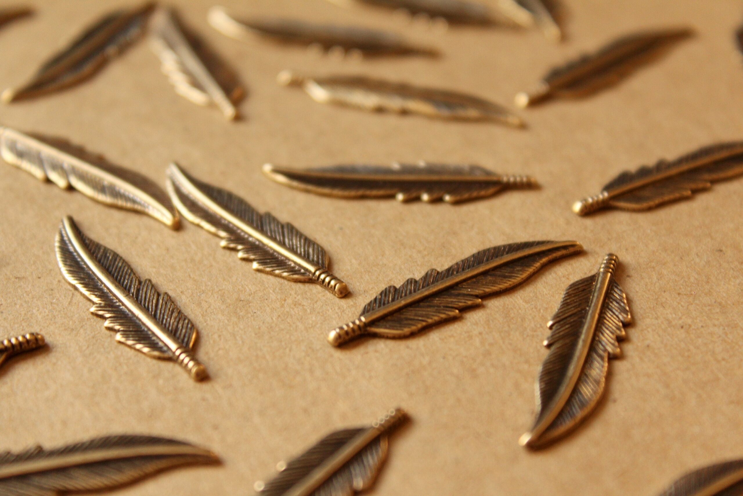 10 pc. Antique Brass Plated Feathers: 32.5mm by 8.5mm - made in USA | AB-019