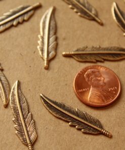 10 pc. Antique Brass Plated Feathers: 32.5mm by 8.5mm - made in USA | AB-019