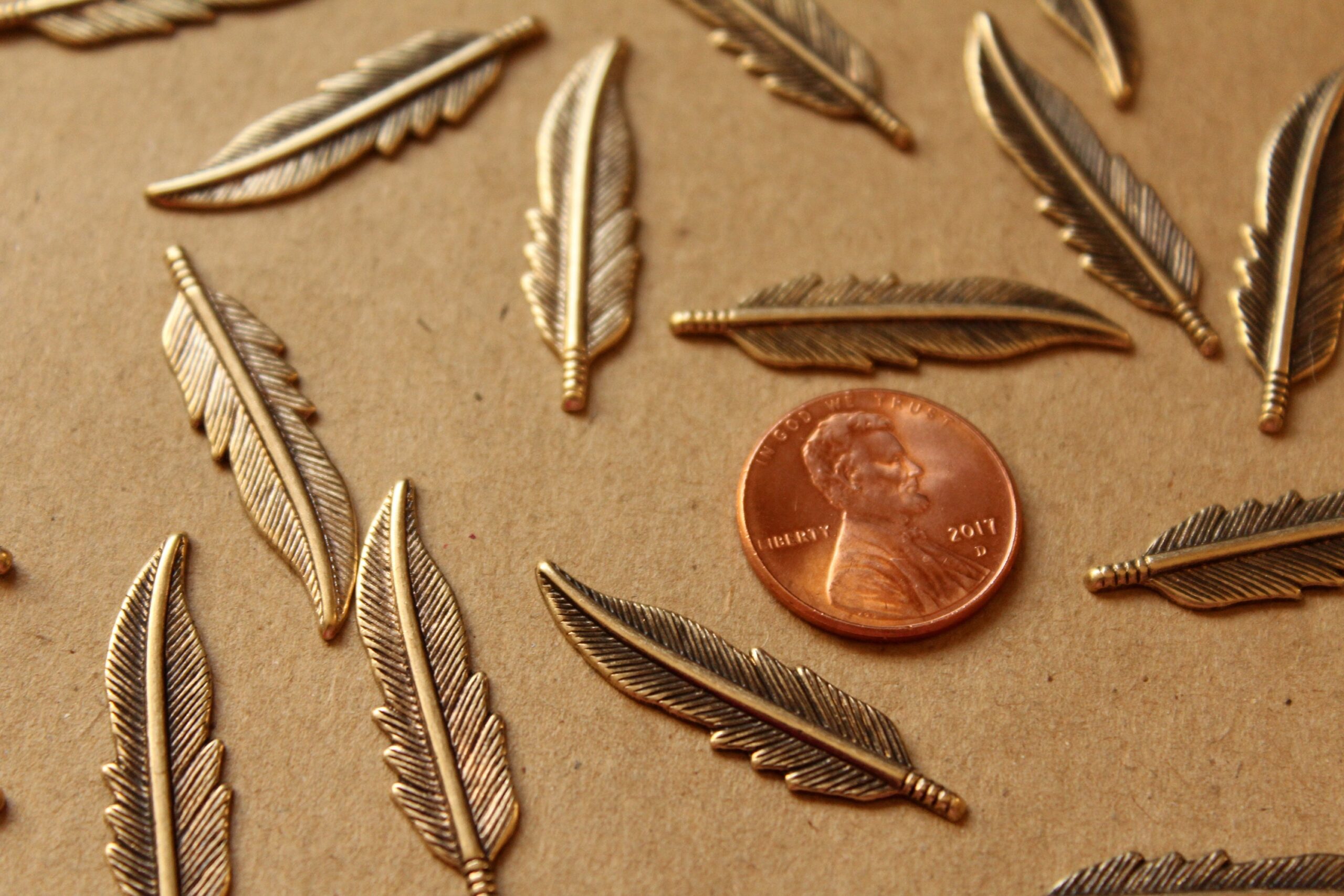10 pc. Antique Brass Plated Feathers: 32.5mm by 8.5mm - made in USA | AB-019