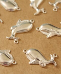 6 pc. 2 Loop Happy Silver Plated Brass Whales: 22mm by 12mm - made in USA | SI-188