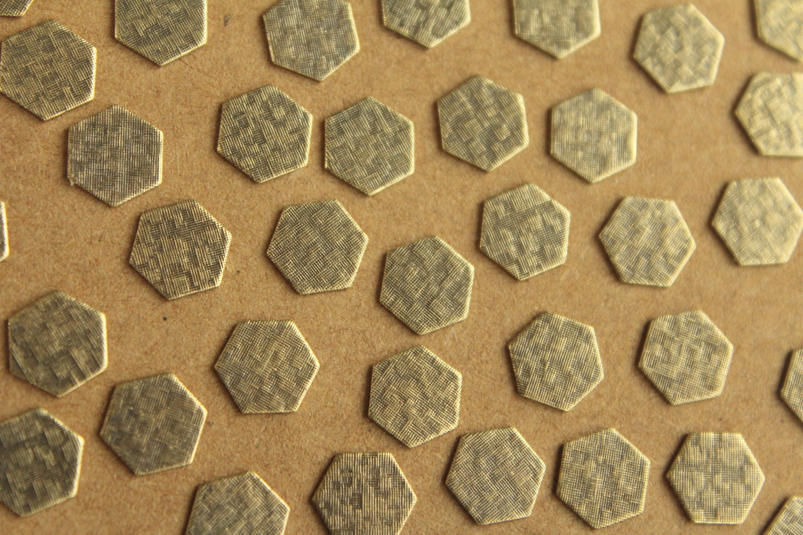 14 pc. Small Antique Brass Plated Crosshatched Hexagons: 9mm by 8mm - made in USA | AB-150