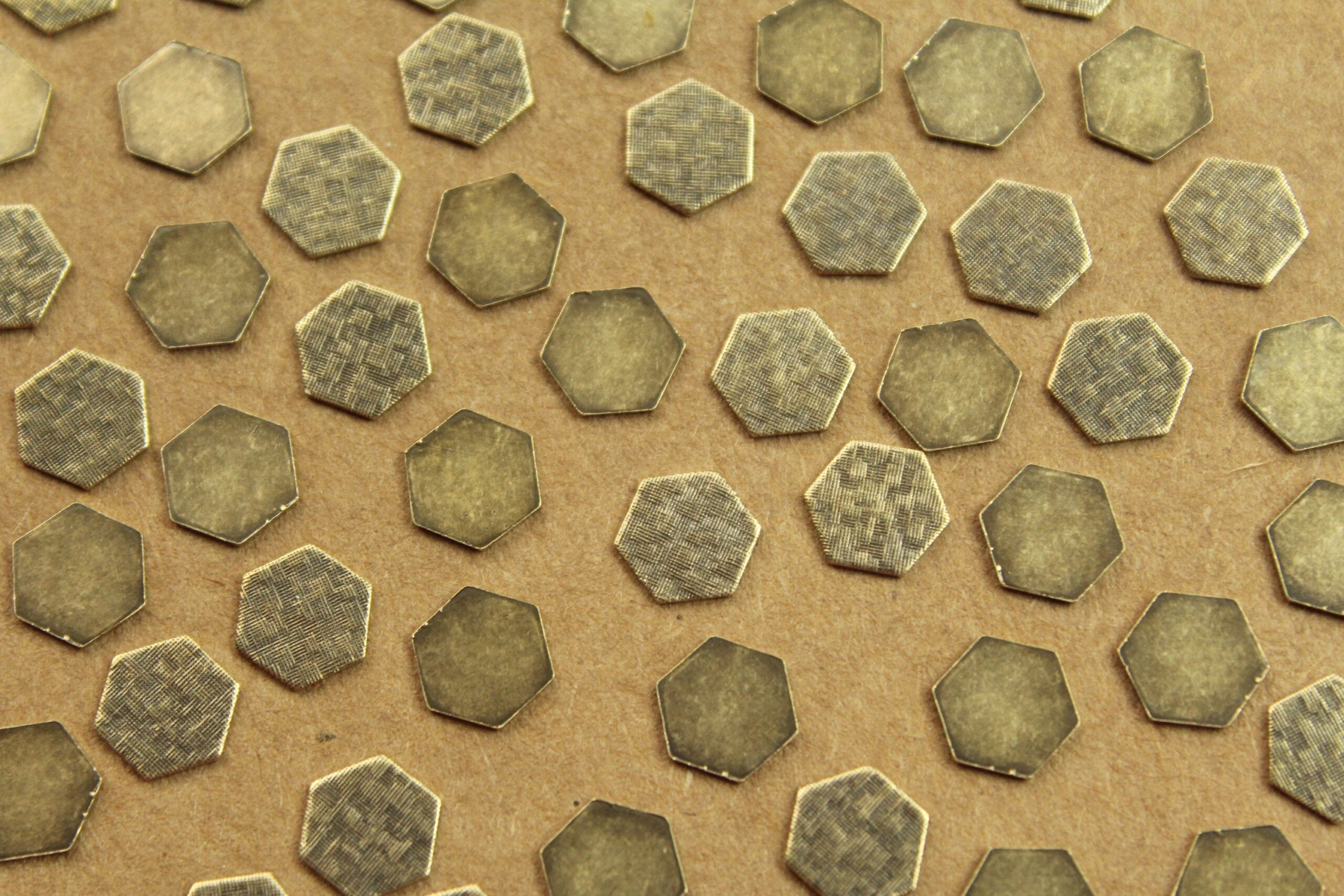 14 pc. Small Antique Brass Plated Crosshatched Hexagons: 9mm by 8mm - made in USA | AB-150